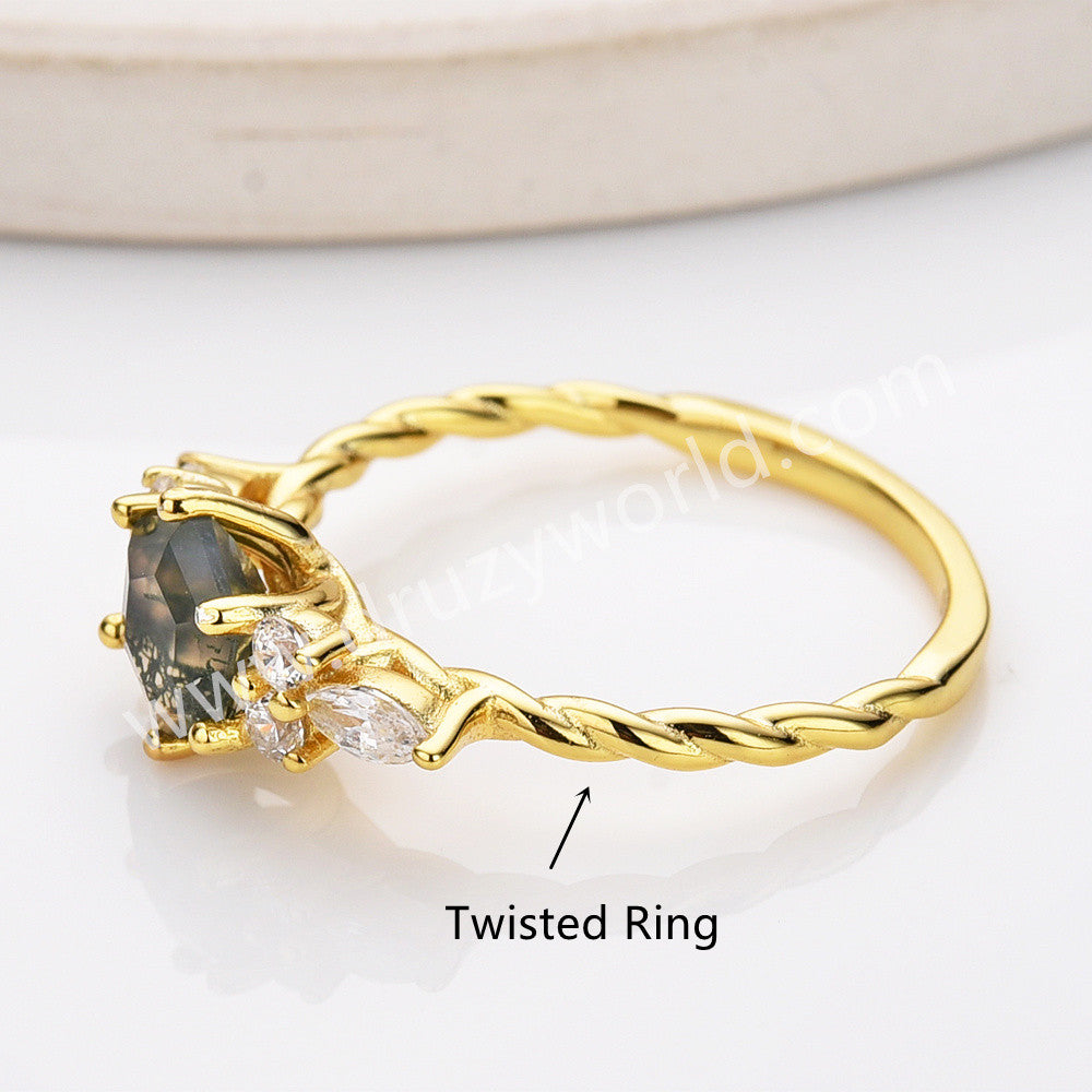 925 Sterling Silver CZ Hexagon Faceted Moss Agate Twisted Ring Zircon Ring in Gold, Natural Agate Jewelry SS314-1