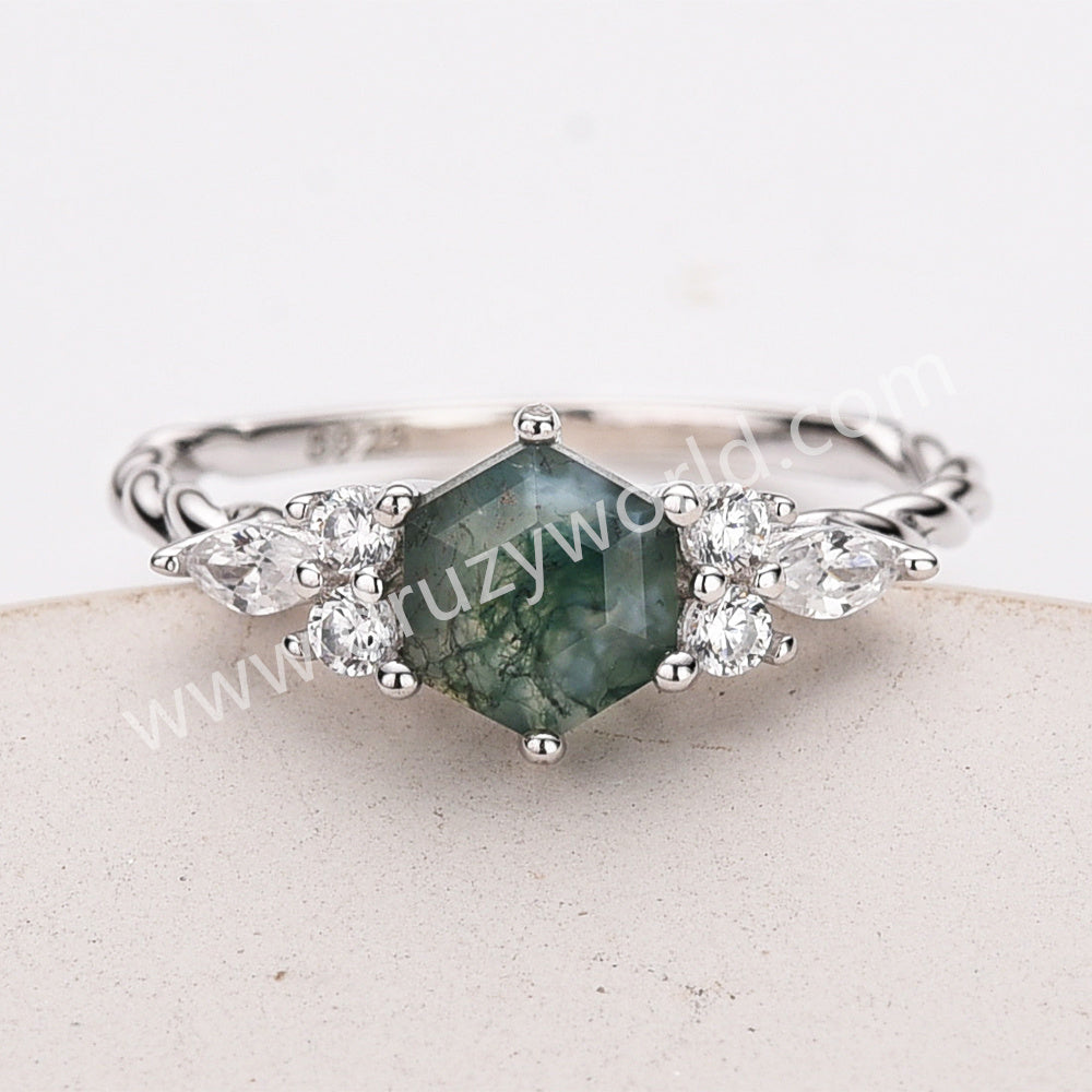 925 Sterling Silver Hexagon CZ Moss Agate Faceted Ring Zircon Ring, Natural Gemstone Jewelry Ring SS314-2