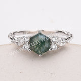 925 Sterling Silver Hexagon CZ Moss Agate Faceted Ring Zircon Twisted Ring, Natural Gemstone Jewelry Ring SS314-2