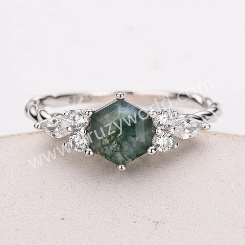 925 Sterling Silver Hexagon CZ Moss Agate Faceted Ring Zircon Twisted Ring, Natural Gemstone Jewelry Ring SS314-2