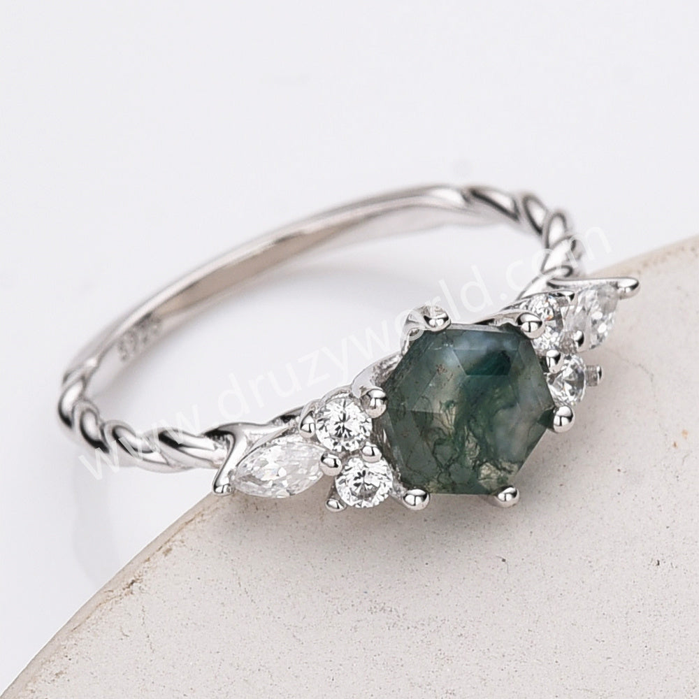 925 Sterling Silver Hexagon CZ Moss Agate Faceted Ring Zircon Ring, Natural Gemstone Jewelry Ring SS314-2
