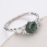 925 Sterling Silver Hexagon CZ Moss Agate Faceted Ring Zircon Twisted Ring, Natural Gemstone Jewelry Ring SS314-2