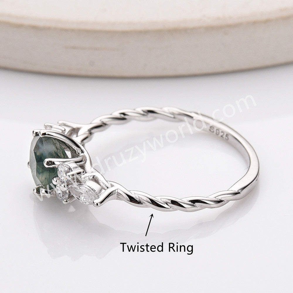 925 Sterling Silver Hexagon CZ Moss Agate Faceted Ring Zircon Twisted Ring, Natural Gemstone Jewelry Ring SS314-2