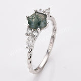 925 Sterling Silver Hexagon CZ Moss Agate Faceted Ring Zircon Twisted Ring, Natural Gemstone Jewelry Ring SS314-2