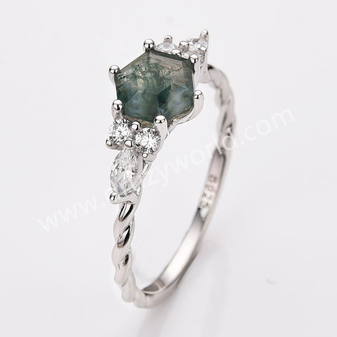 925 Sterling Silver Hexagon CZ Moss Agate Faceted Ring Zircon Twisted Ring, Natural Gemstone Jewelry Ring SS314-2