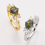 925 Sterling Silver CZ Hexagon Moss Agate Faceted Smooth Silver Ring Zircon Ring, Natural Agate Jewelry SS315-2