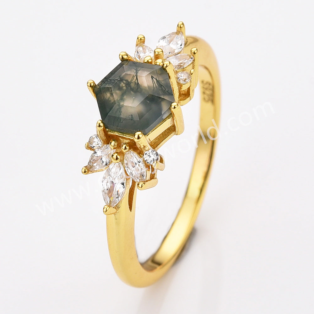 925 Sterling Silver CZ Hexagon Faceted Moss Agate Smooth Gold Ring Zircon Ring, Natural Agate Jewelry SS315-1