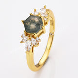 925 Sterling Silver CZ Hexagon Moss Agate Faceted Smooth Gold Ring Zircon Ring, Natural Agate Jewelry SS315-1