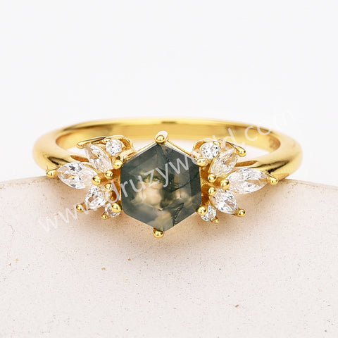 925 Sterling Silver CZ Hexagon Moss Agate Faceted Smooth Gold Ring Zircon Ring, Natural Agate Jewelry SS315-1