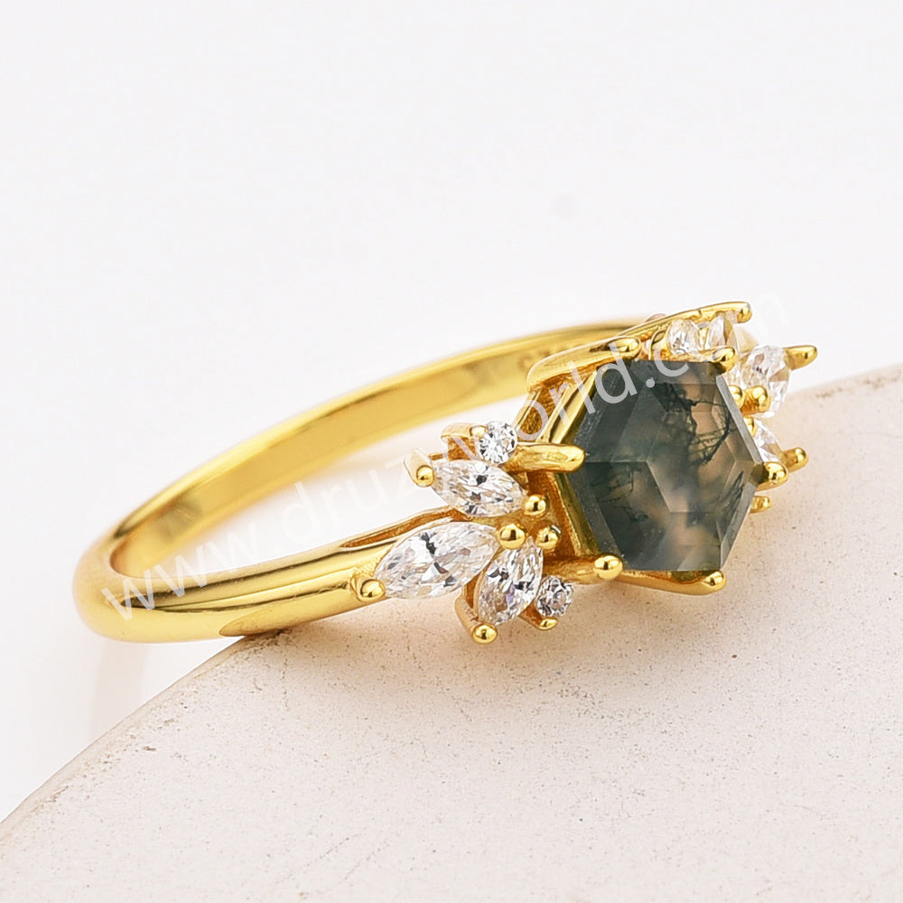 925 Sterling Silver CZ Hexagon Faceted Moss Agate Smooth Gold Ring Zircon Ring, Natural Agate Jewelry SS315-1