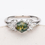 925 Sterling Silver CZ Hexagon Moss Agate Faceted Smooth Silver Ring Zircon Ring, Natural Agate Jewelry SS315-2