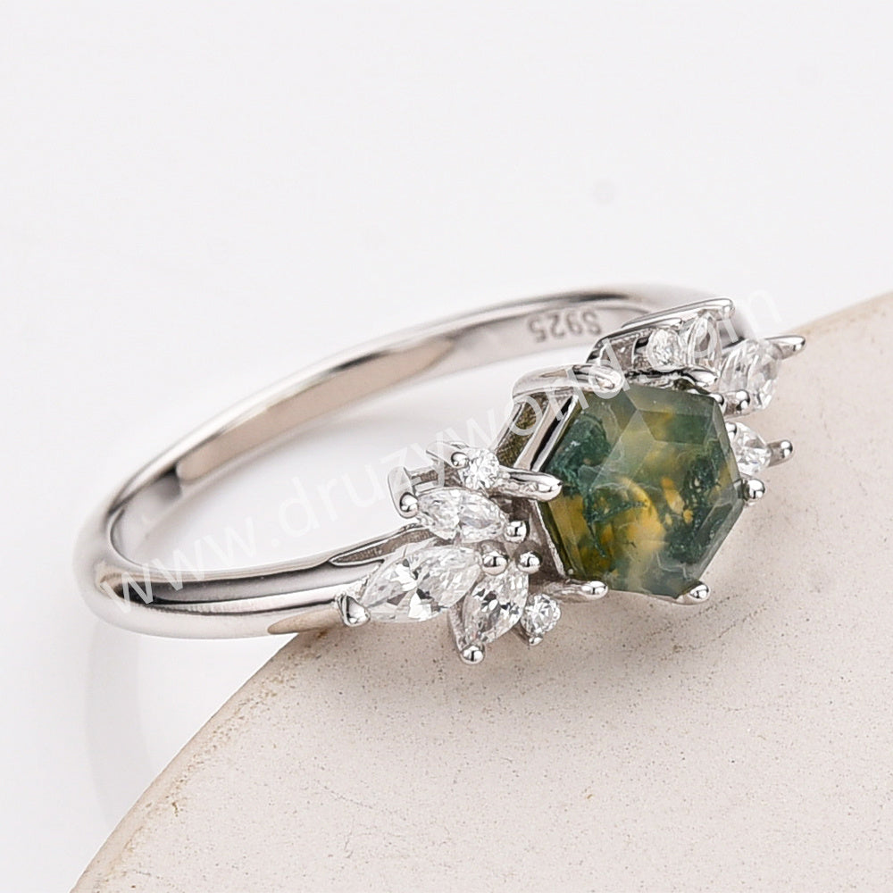 925 Sterling Silver CZ Hexagon Moss Agate Faceted Smooth Silver Ring Zircon Ring, Natural Agate Jewelry SS315-2