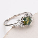 925 Sterling Silver CZ Hexagon Moss Agate Faceted Smooth Silver Ring Zircon Ring, Natural Agate Jewelry SS315-2