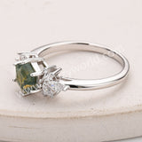 925 Sterling Silver CZ Hexagon Moss Agate Faceted Smooth Silver Ring Zircon Ring, Natural Agate Jewelry SS315-2