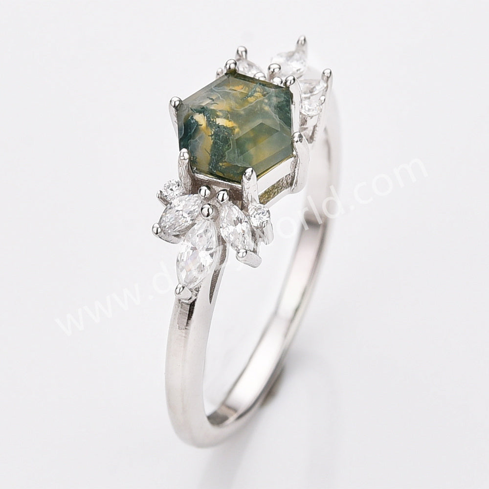 925 Sterling Silver CZ Hexagon Moss Agate Faceted Smooth Silver Ring Zircon Ring, Natural Agate Jewelry SS315-2