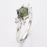 925 Sterling Silver CZ Hexagon Moss Agate Faceted Smooth Silver Ring Zircon Ring, Natural Agate Jewelry SS315-2