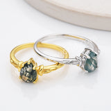 925 Sterling Silver Claw Teardrop Moss Agate Faceted Gold Ring, Natural Agate Jewelry Ring SS316-1