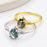 925 Sterling Silver Claw Teardrop Moss Agate Faceted Ring, Drop Agate Jewelry Ring SS316-2