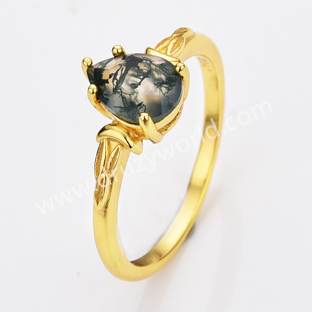 925 Sterling Silver Claw Teardrop Moss Agate Faceted Gold Ring, Natural Agate Jewelry Ring SS316-1