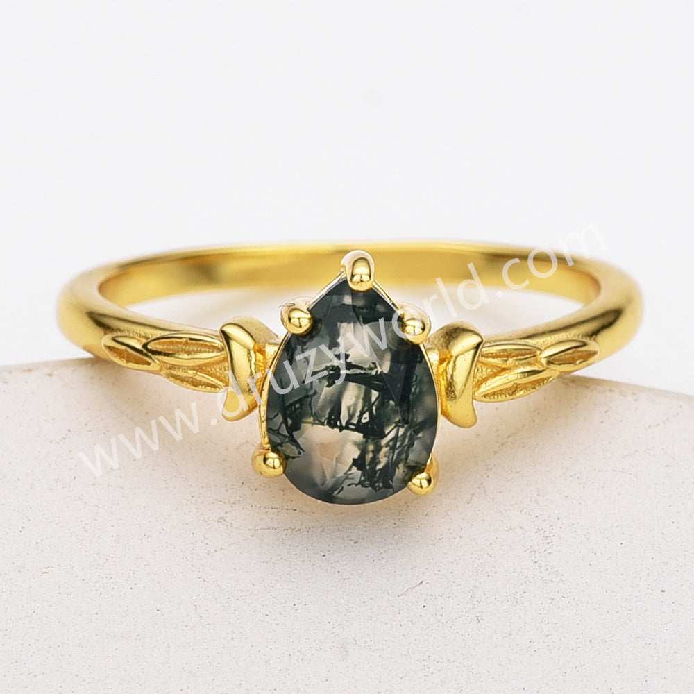 925 Sterling Silver Claw Teardrop Moss Agate Faceted Gold Ring, Natural Agate Jewelry Ring SS316-1