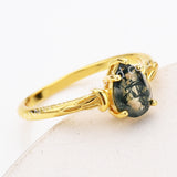 925 Sterling Silver Claw Teardrop Moss Agate Faceted Gold Ring, Natural Agate Jewelry Ring SS316-1