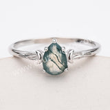 925 Sterling Silver Claw Teardrop Moss Agate Faceted Ring, Drop Agate Jewelry Ring SS316-2