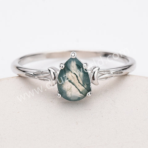 925 Sterling Silver Claw Teardrop Moss Agate Faceted Ring, Drop Agate Jewelry Ring SS316-2