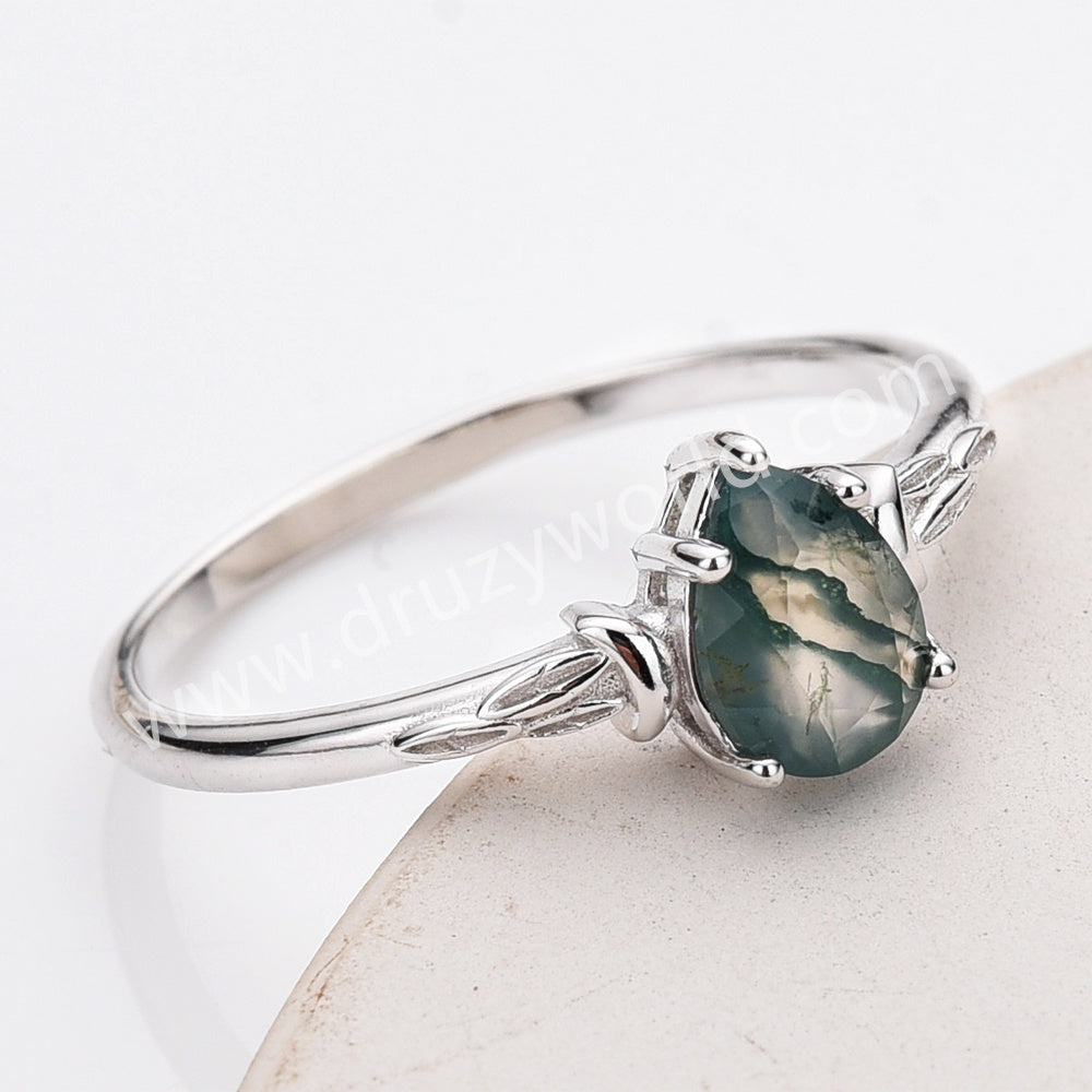 925 Sterling Silver Claw Teardrop Moss Agate Faceted Ring, Drop Agate Jewelry Ring SS316-2