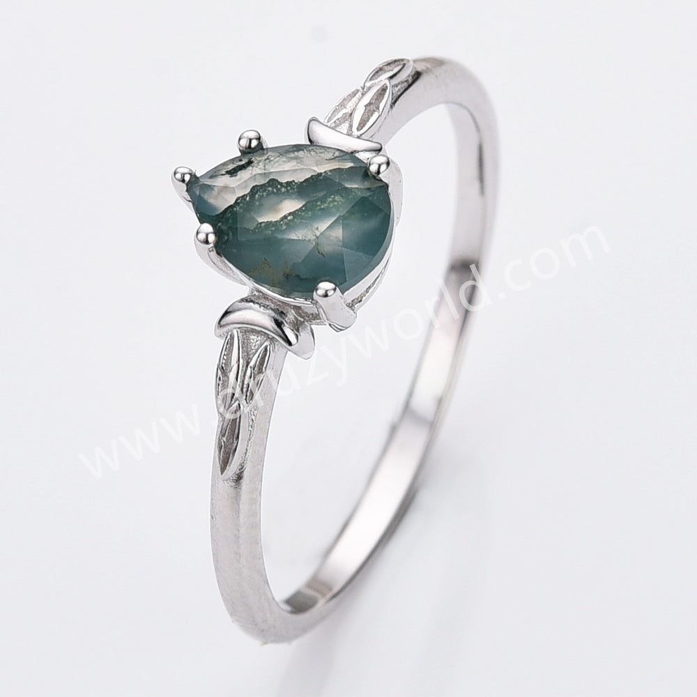 925 Sterling Silver Claw Teardrop Moss Agate Faceted Ring, Drop Agate Jewelry Ring SS316-2