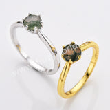 925 Sterling Silver Claw Round Moss Agate Faceted Gold Ring, Natural Agate Jewelry Ring SS317RG