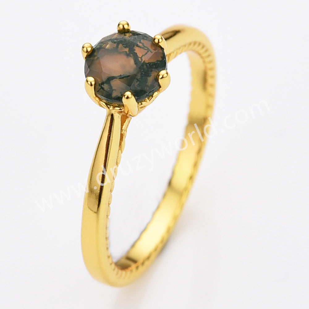 925 Sterling Silver Claw Round Moss Agate Faceted Gold Ring, Natural Agate Jewelry Ring SS317-1