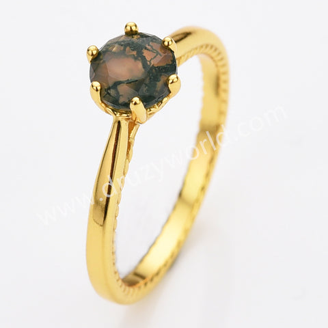 925 Sterling Silver Claw Round Moss Agate Faceted Gold Ring, Natural Agate Jewelry Ring SS317RG