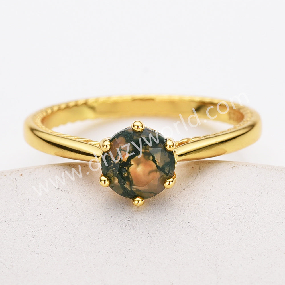 925 Sterling Silver Claw Round Moss Agate Faceted Gold Ring, Natural Agate Jewelry Ring SS317-1
