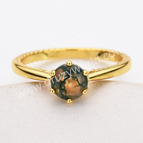 925 Sterling Silver Claw Round Moss Agate Faceted Gold Ring, Natural Agate Jewelry Ring SS317RG