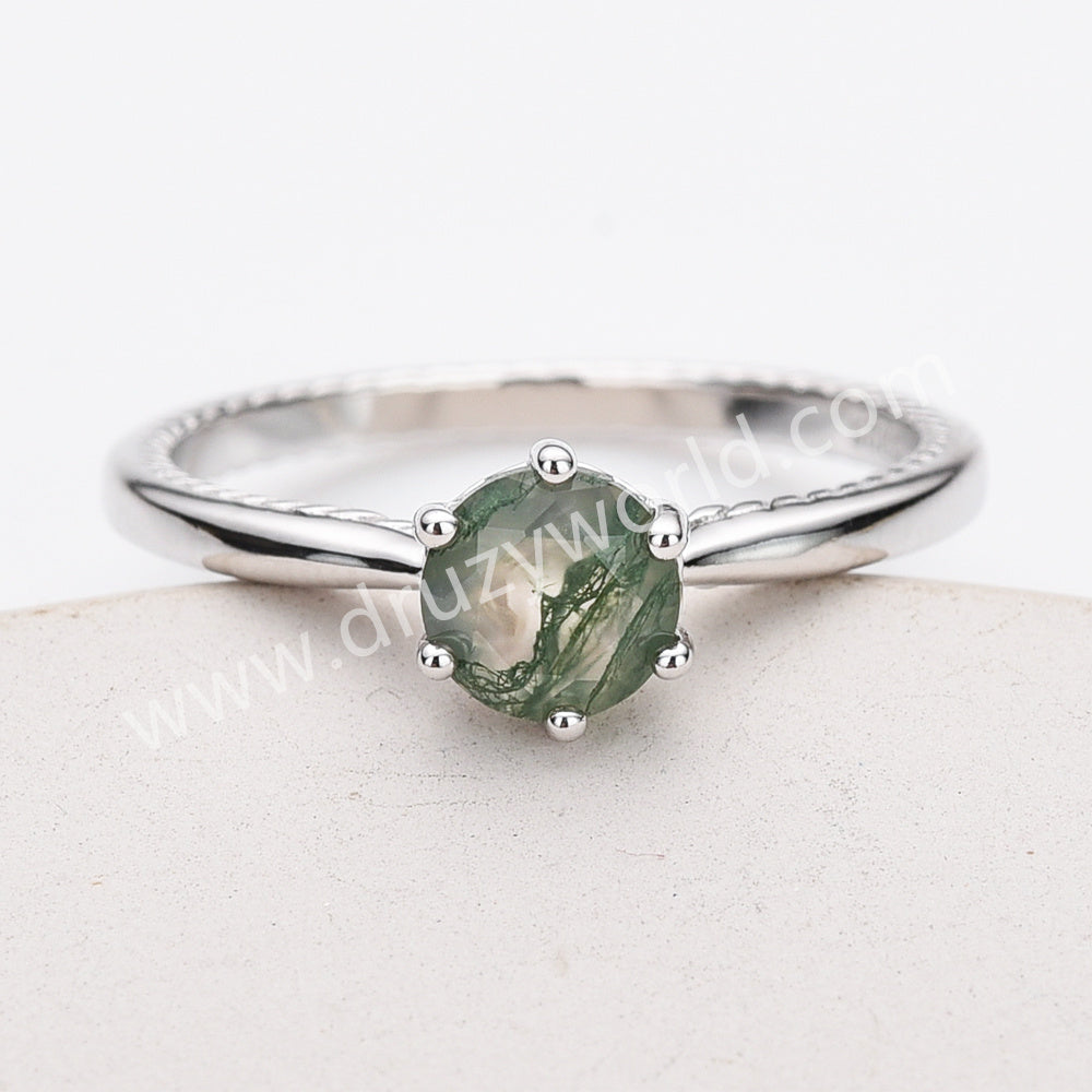 925 Sterling Silver Claw Hexagon Moss Agate Faceted Ring, Agate Gemstone Jewelry Ring SS317-2