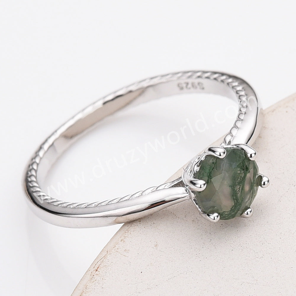 925 silver moss agate ring, round faceted moss agate ring