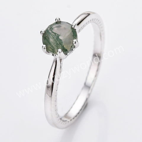 925 Sterling Silver Claw Round Moss Agate Faceted Ring, Agate Gemstone Jewelry Ring SS317RS