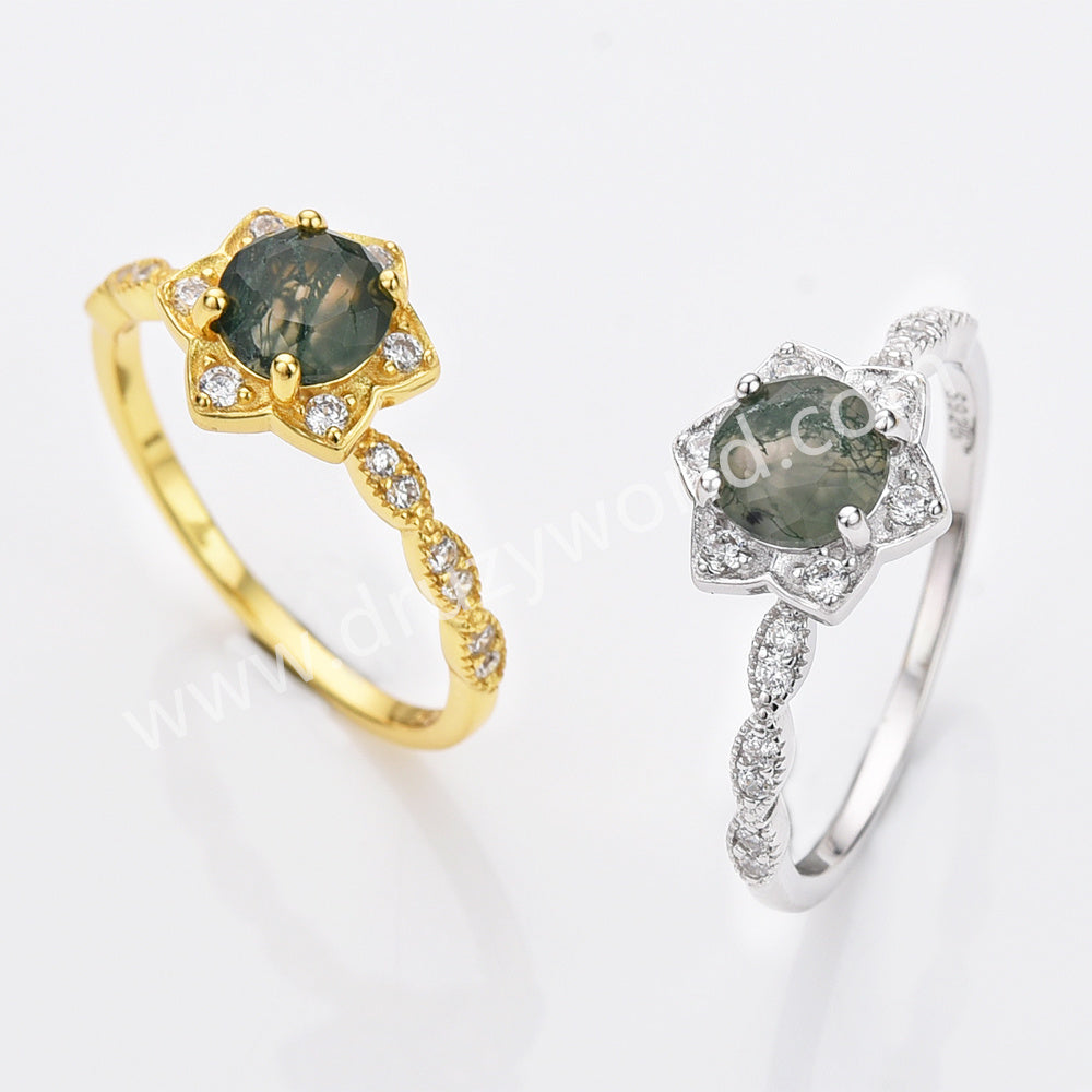 gold moss agate flower ring, 925 silver ring, cz ring