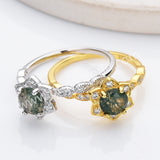 Pretty 925 Sterling Silver Claw Moss Agate Flower Ring, Zircon Ring, Round Faceted Gemstone Jewelry Ring SS318-2