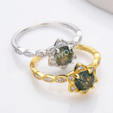 Pretty 925 Sterling Silver Claw CZ Round Moss Agate Faceted Gold Ring, Zircon Flower Ring, Gemstone Jewelry Ring SS318-1