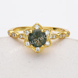 Pretty 925 Sterling Silver Claw CZ Round Moss Agate Faceted Gold Ring, Zircon Flower Ring, Gemstone Jewelry Ring SS318-1