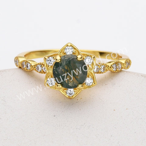 Pretty 925 Sterling Silver Claw CZ Round Moss Agate Faceted Gold Ring, Zircon Flower Ring, Gemstone Jewelry Ring SS318-1