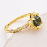 Pretty 925 Sterling Silver Claw CZ Round Moss Agate Faceted Gold Ring, Zircon Flower Ring, Gemstone Jewelry Ring SS318-1