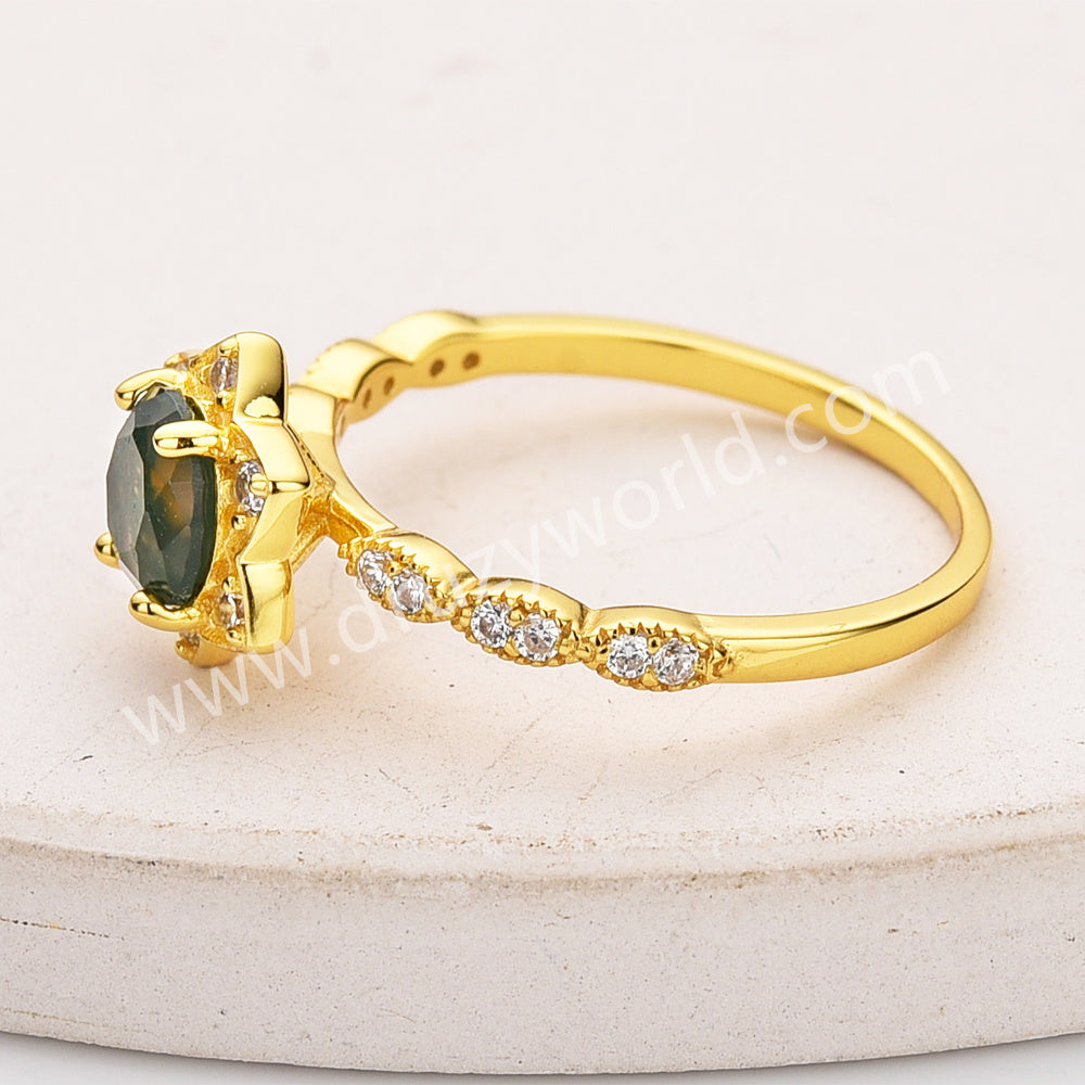 gold moss agate flower ring, 925 silver ring, cz ring