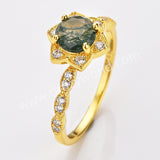 Pretty 925 Sterling Silver Claw CZ Round Moss Agate Faceted Gold Ring, Zircon Flower Ring, Gemstone Jewelry Ring SS318-1