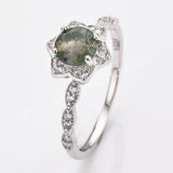 Pretty 925 Sterling Silver Claw Moss Agate Flower Ring, Zircon Ring, Round Faceted Gemstone Jewelry Ring SS318-2