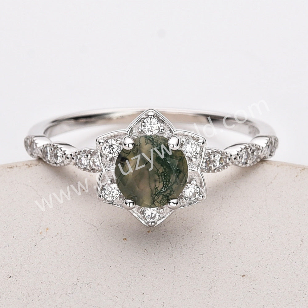 925 silver moss agate flower ring, zircon ring, round faceted gemstone ring