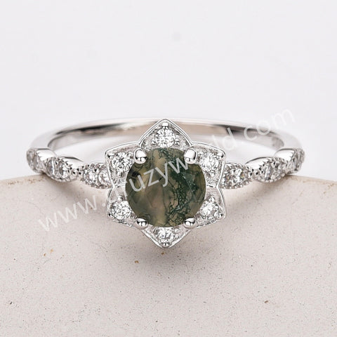 Pretty 925 Sterling Silver Claw Moss Agate Flower Ring, Zircon Ring, Round Faceted Gemstone Jewelry Ring SS318-2