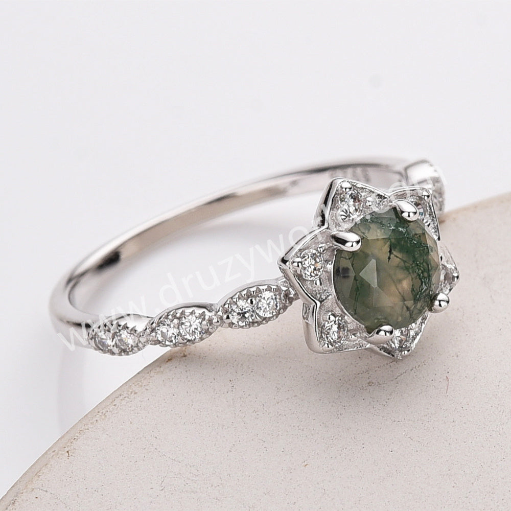 925 silver moss agate flower ring, zircon ring, round faceted gemstone ring