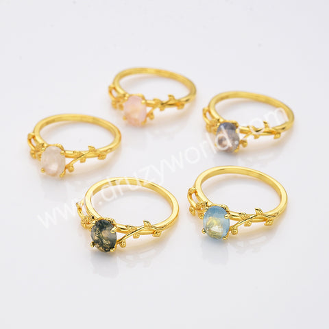 925 Silver Gold Plated Leaf Oval Labradorite Agate Moonstone Faceted Ring, Healing Crystal Ring, Gemstone Jewelry Ring SS321-1